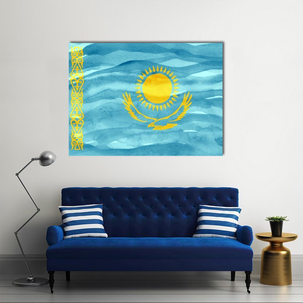 Flag Of Kazakhstan Canvas Wall Art-5 Star-Gallery Wrap-62" x 32"-Tiaracle