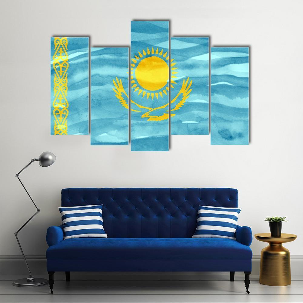 Flag Of Kazakhstan Canvas Wall Art-5 Pop-Gallery Wrap-47" x 32"-Tiaracle