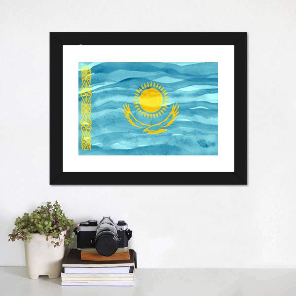 Flag Of Kazakhstan Canvas Wall Art-1 Piece-Framed Print-20" x 16"-Tiaracle