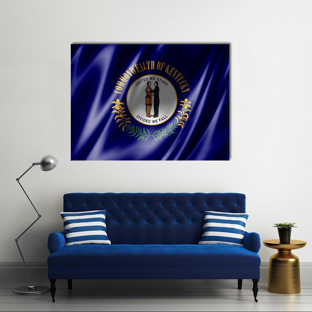 Kentucky Flag Featuring State Seal Canvas Wall Art in gold, blue and navy, single panel hung on a wall