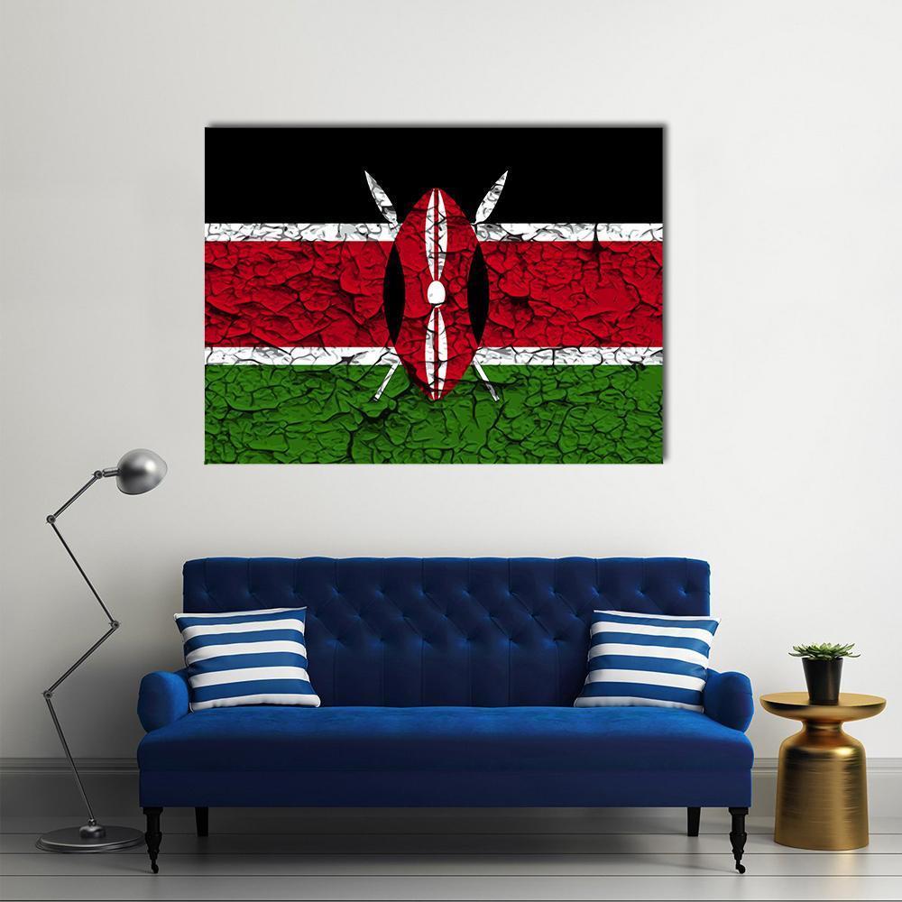 Kenya Flag with Shield and Spears Canvas Wall Art in black, red and green, single panel hung on a wall