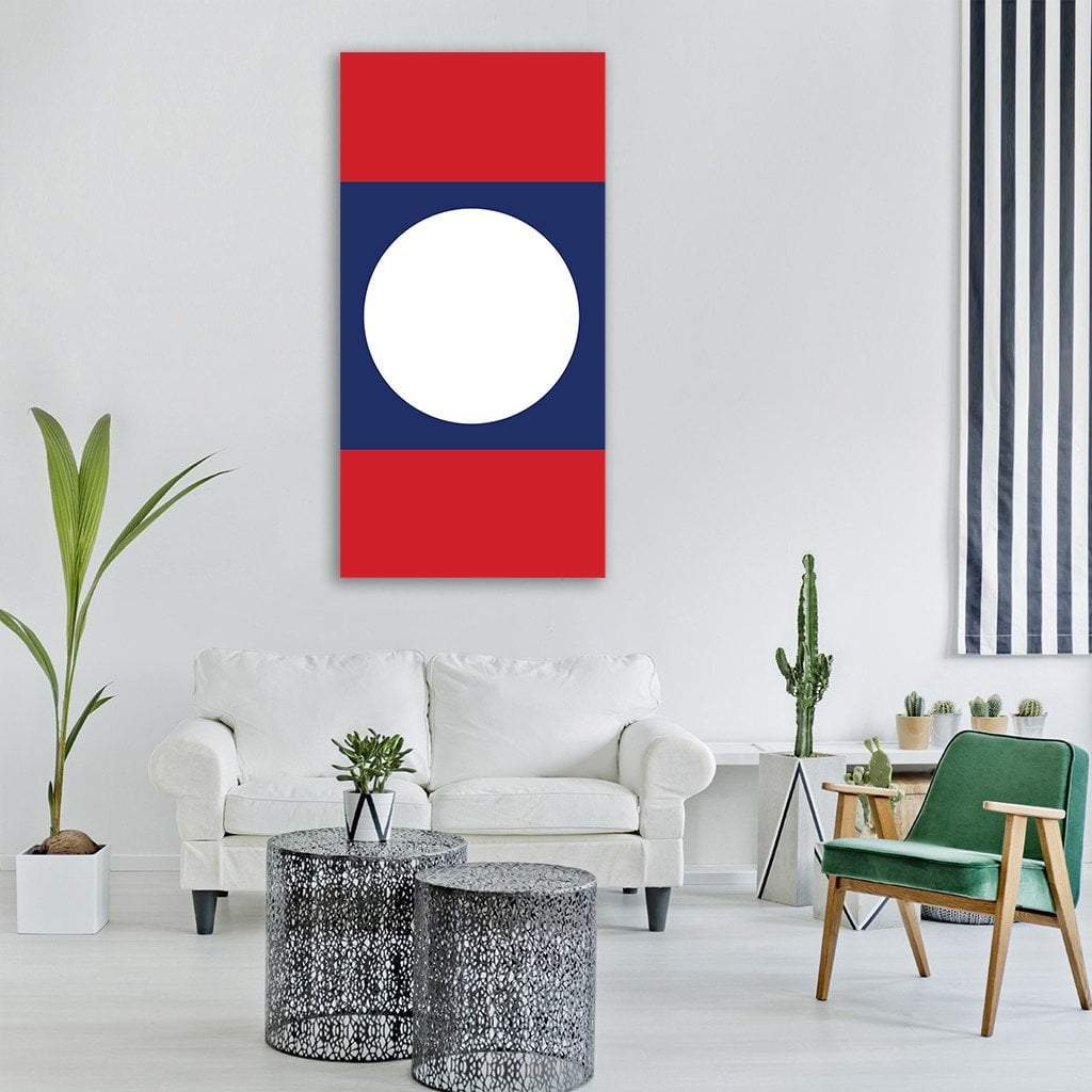 Flag of Laos Vertical Canvas Wall Art in white, red and navy, single vertical panel hung on a wall