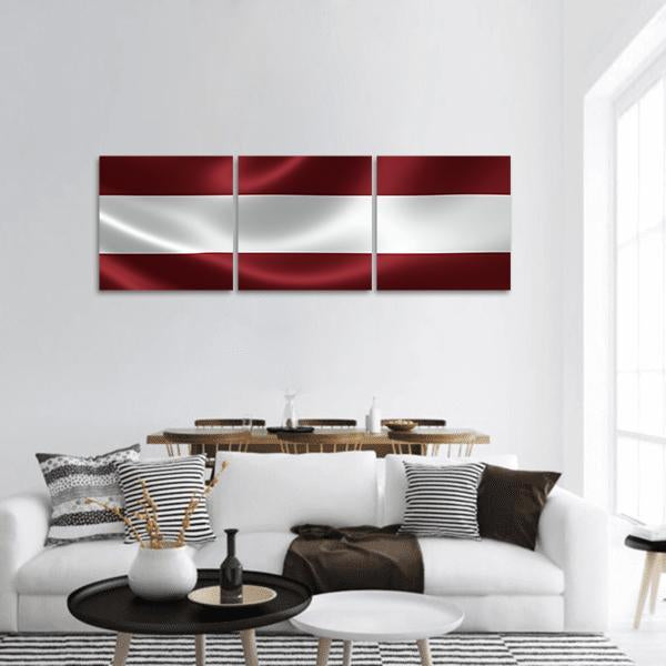 Waving Flag of Latvia Panoramic Canvas Wall Art in white and red, hung on a wall