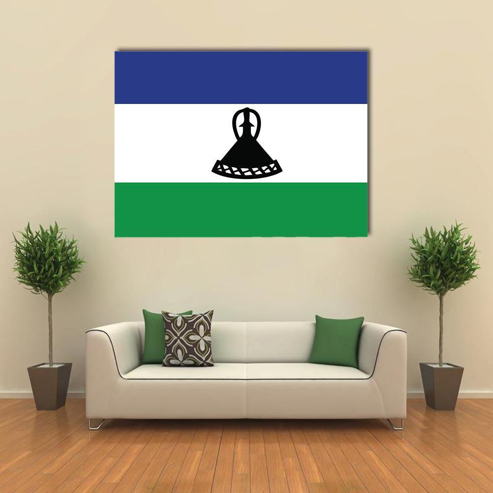 Lesotho Flag with Mokorotlo Canvas Wall Art in white, green and blue, single panel hung on a wall