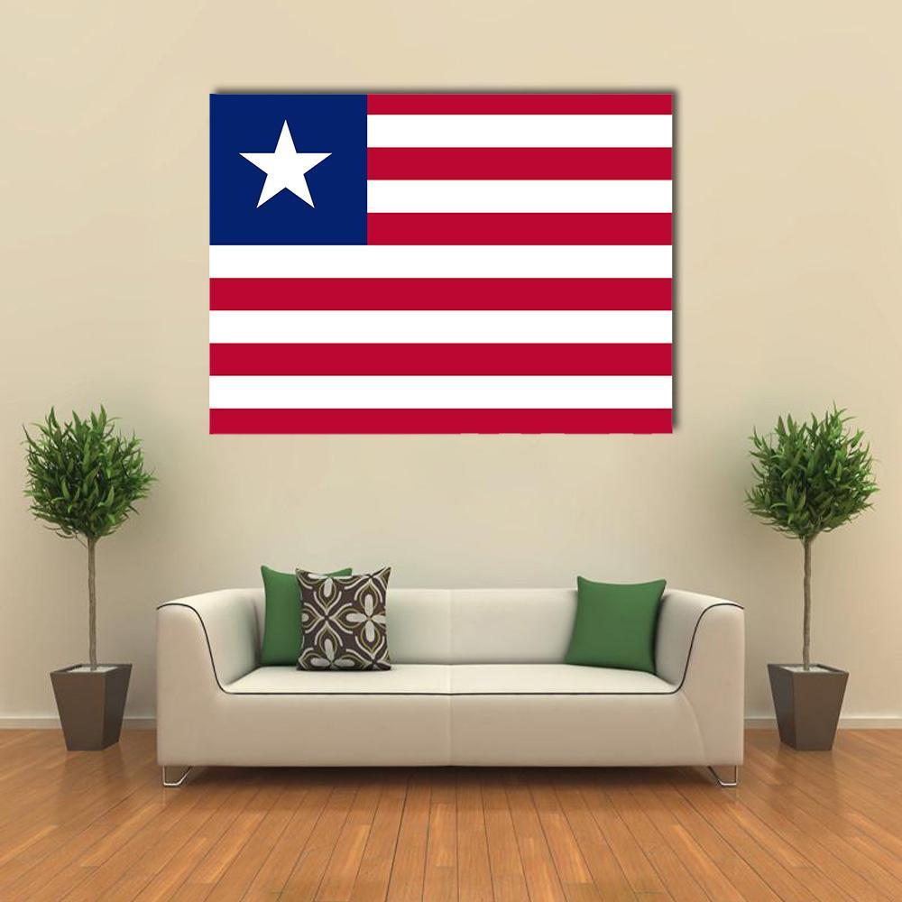 Liberian Flag Geometric Canvas Wall Art in white, red and blue, single panel hung on a wall