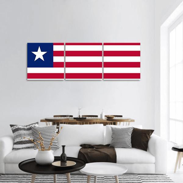 Liberian Flag Graphic Panoramic Canvas Wall Art in white, red and blue, hung on a wall