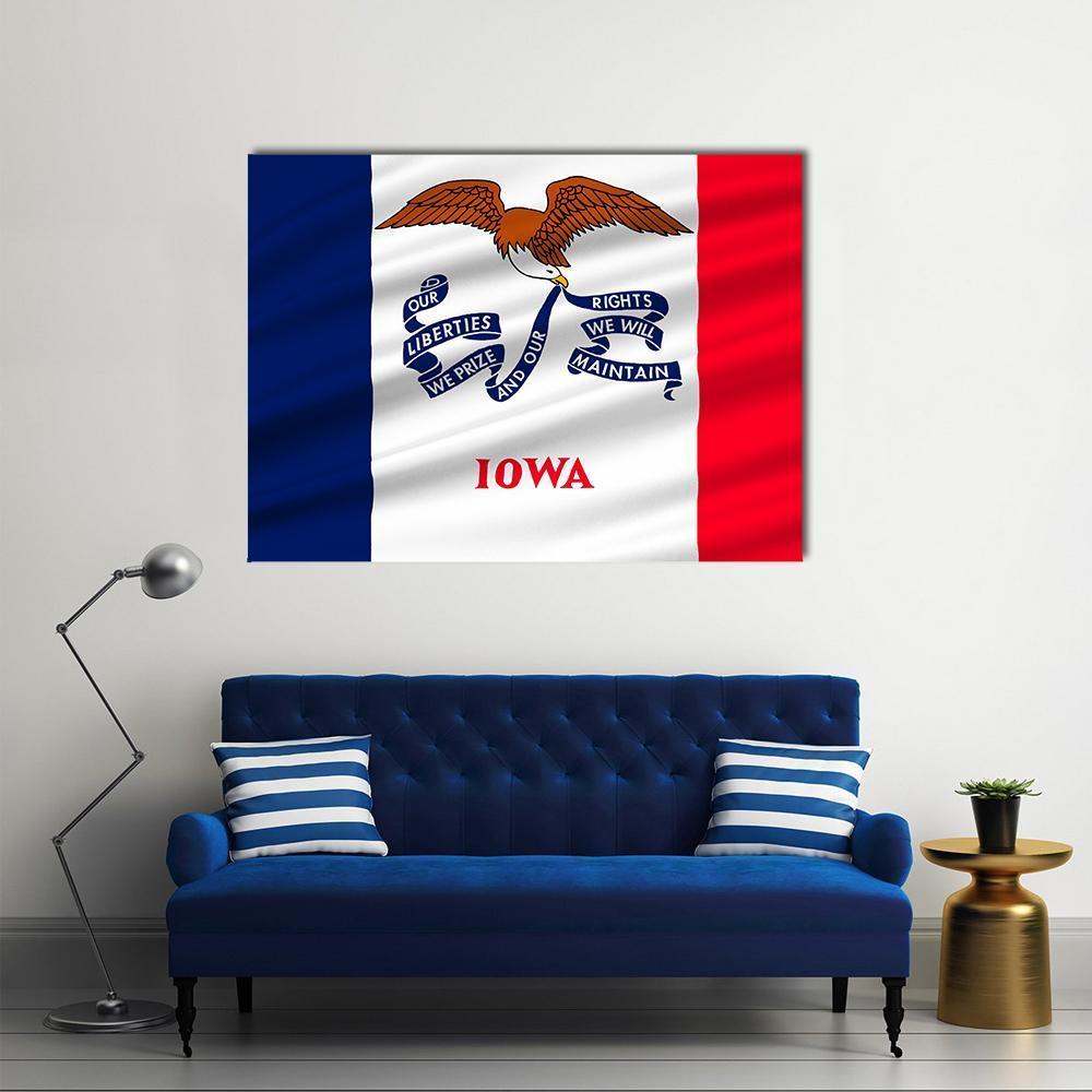 Iowa State Flag with Eagle and Banner Canvas Wall Art in white, red and blue, single panel hung on a wall