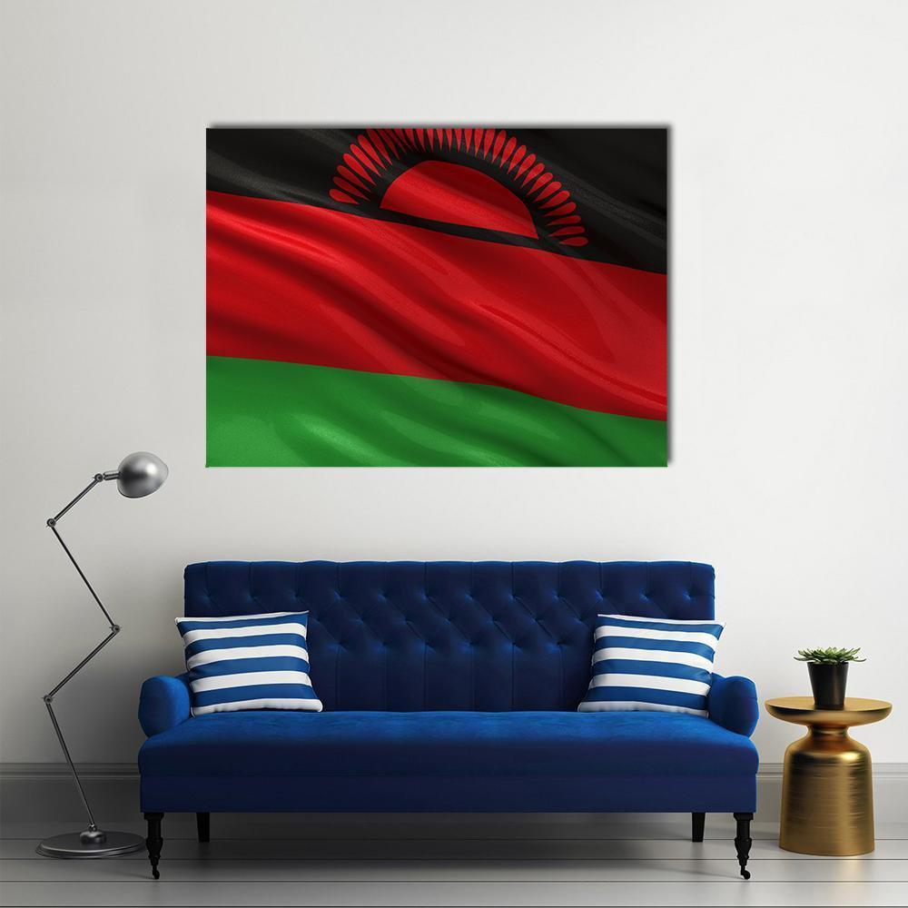Waving Malawi Flag Canvas Wall Art in black, red and green, single panel hung on a wall