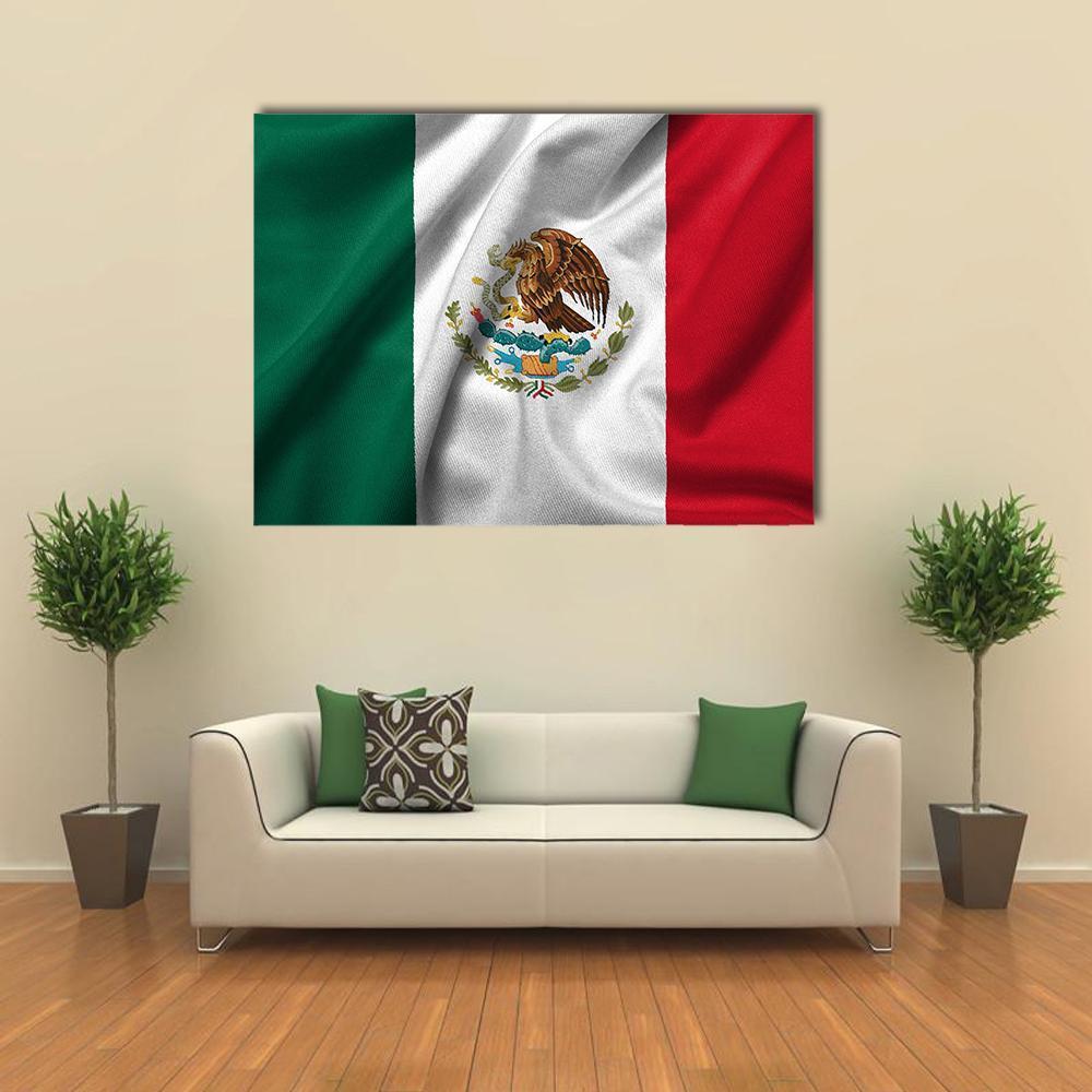 Waving Mexican Flag with Eagle Emblem Canvas Wall Art in white, red and green, single panel hung on a wall