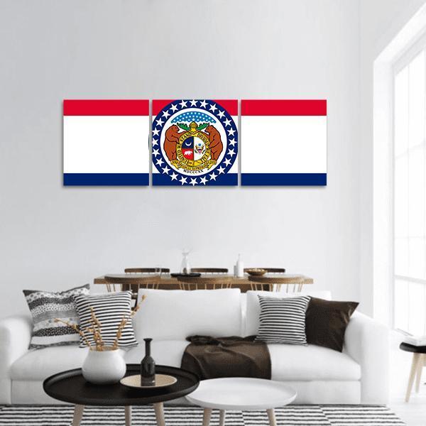 Missouri State Flag with Grizzly Bears Panoramic Canvas Wall Art in white, red and blue, hung on a wall