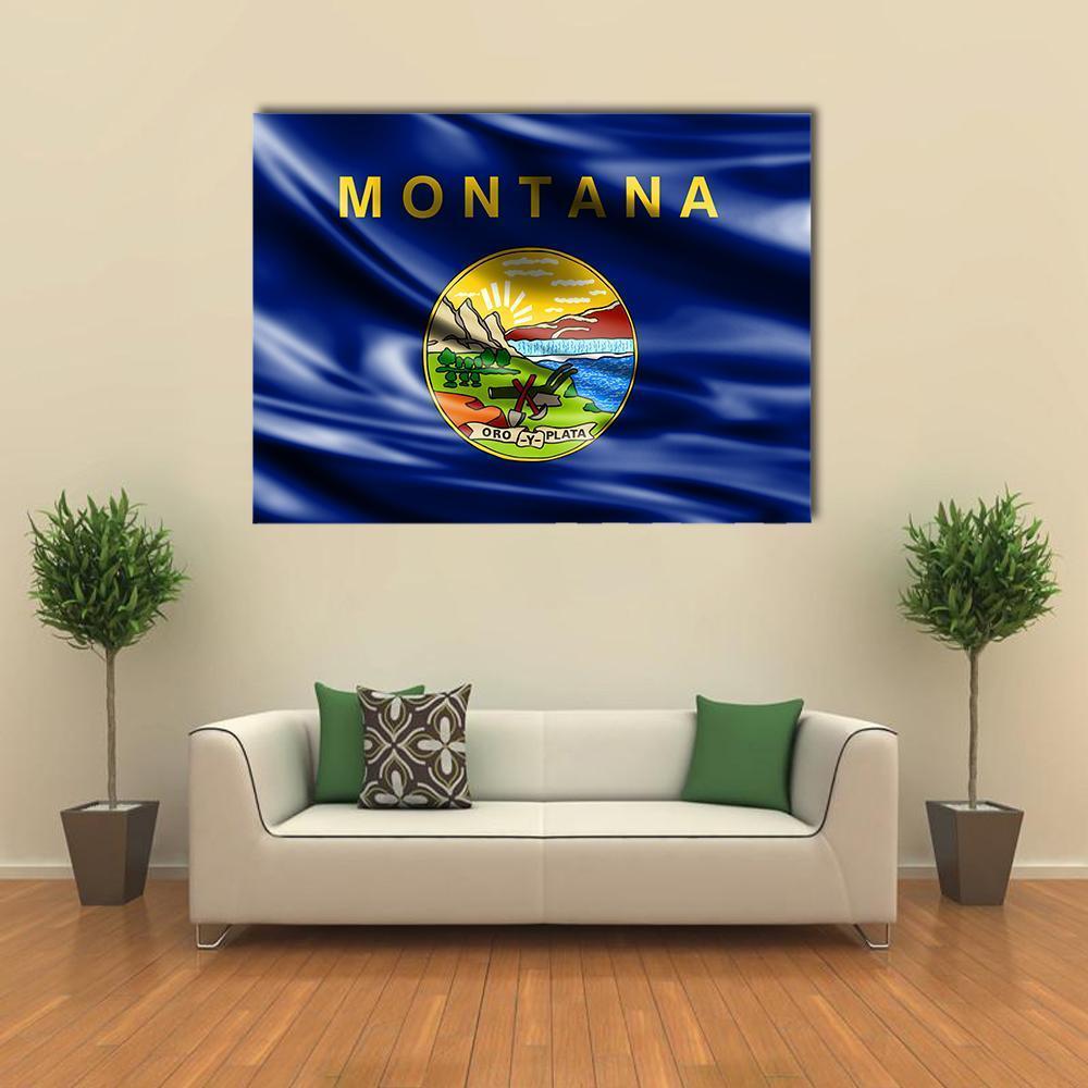 Montana Flag with State Seal Canvas Wall Art in gold, yellow and blue, single panel hung on a wall