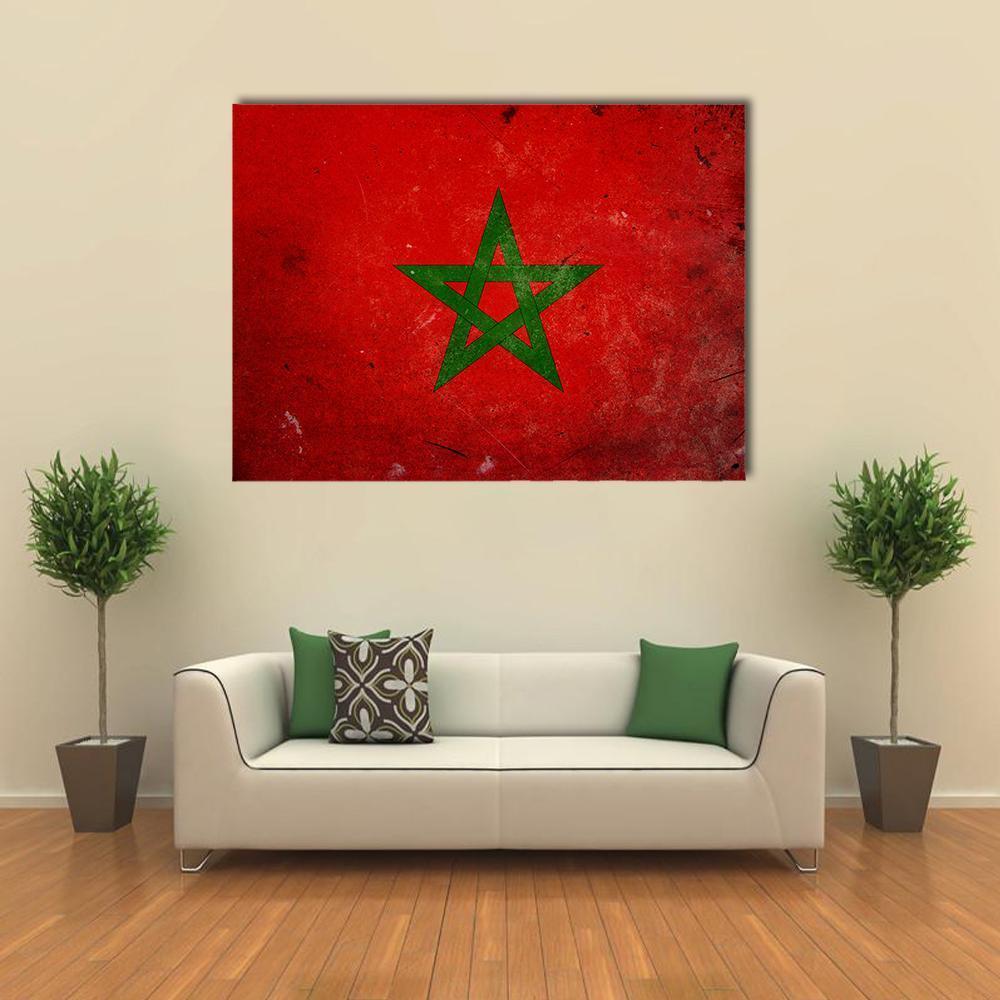 Vintage Moroccan Flag with Distressed Texture Canvas Wall Art in red and green, single panel hung on a wall