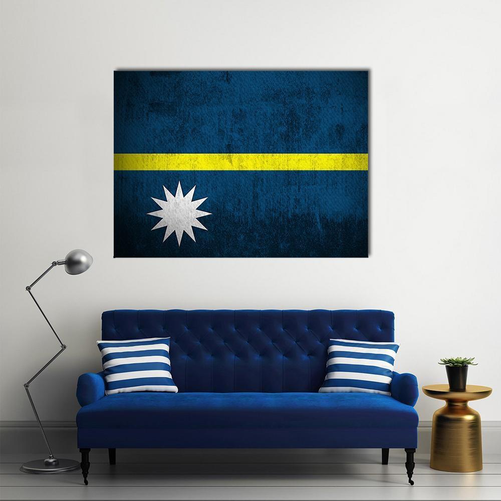 Nauru Flag with 12-point Star Canvas Wall Art in white, yellow and blue, single panel hung on a wall