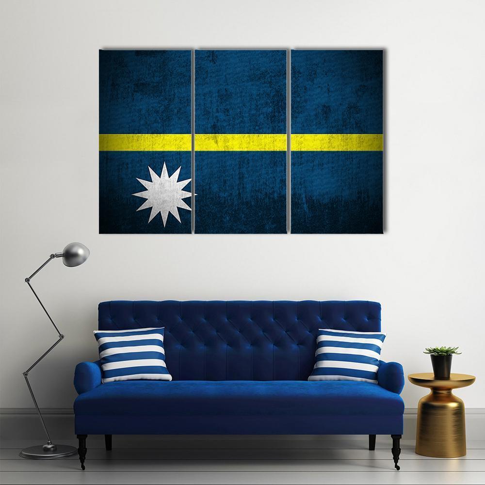 Nauru Flag with 12-point Star Canvas Wall Art in white, yellow and blue, 3 panel horizontal set hung on a wall