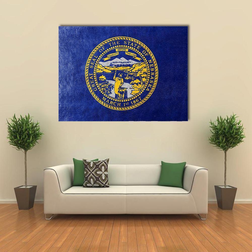 Nebraska State Flag with Great Seal Canvas Wall Art in gold and blue, single panel hung on a wall