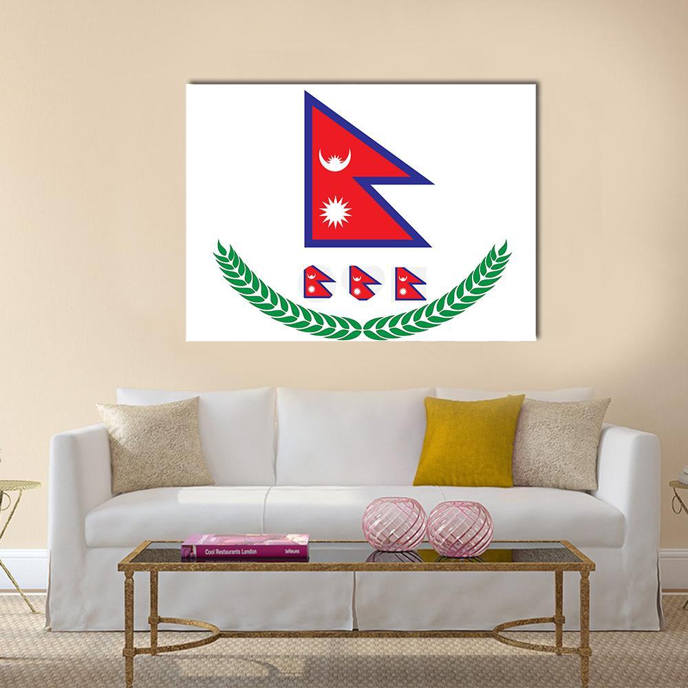 Flag of Nepal Canvas Wall Art in white, red and blue, single panel hung on a wall