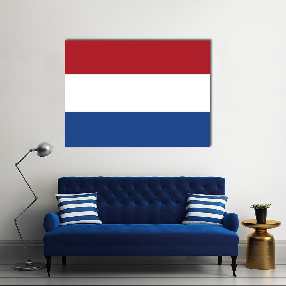 Dutch Tricolor Flag Canvas Wall Art in white, red and blue, single panel hung on a wall