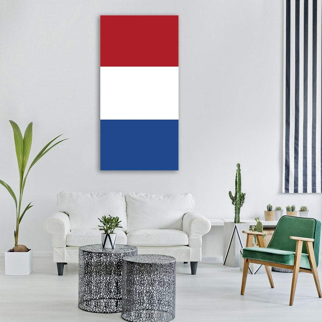 Netherlands Flag Vertical Canvas Wall Art in white, red and blue, single vertical panel hung on a wall