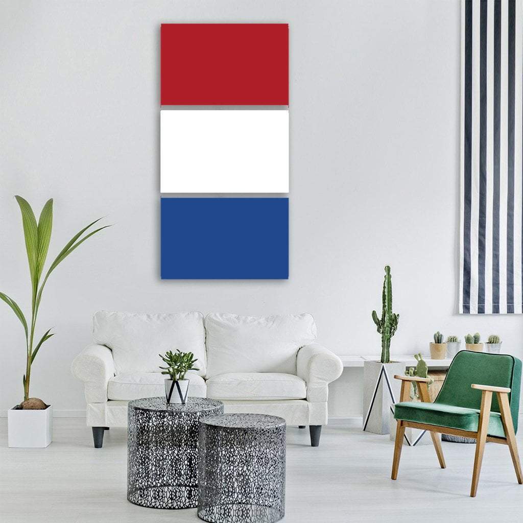 Netherlands Flag Vertical Canvas Wall Art in white, red and blue, hung on a wall