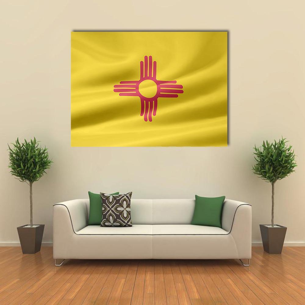 Waving New Mexico Flag with Zia Sun Canvas Wall Art in red and yellow, single panel hung on a wall