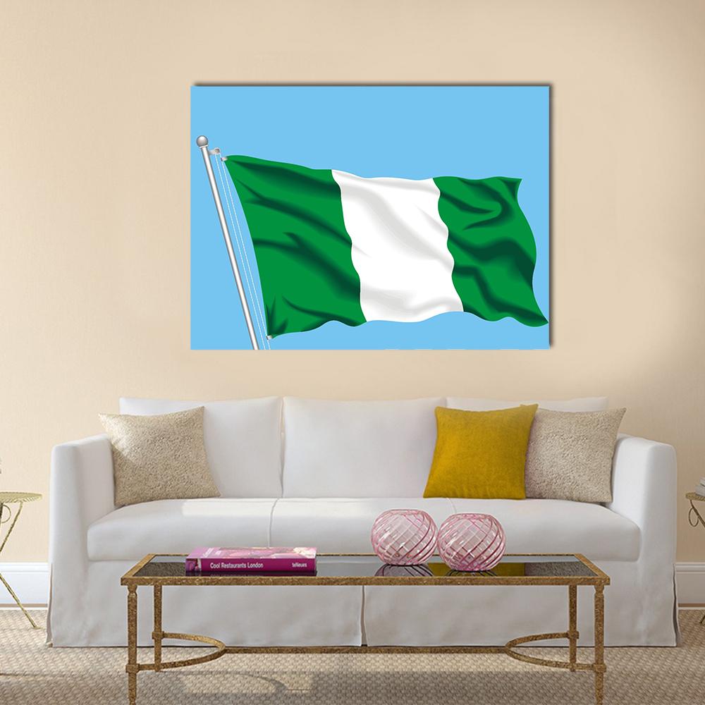 Waving Nigerian Flag on Silver Pole Canvas Wall Art in white, green and blue, single panel hung on a wall