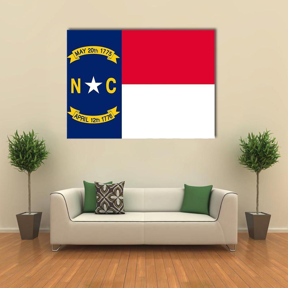 North Carolina State Flag Canvas Wall Art in white, red and blue, single panel hung on a wall