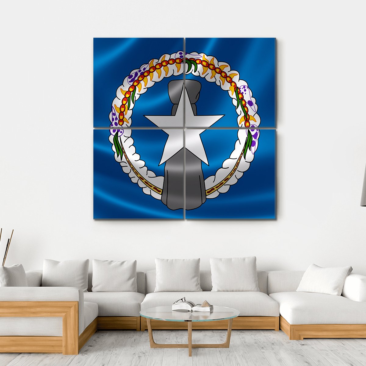 Northern Mariana Islands Flag Canvas Wall Art in white and blue, hung on a wall
