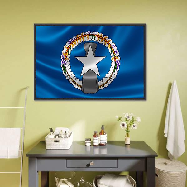 Northern Mariana Islands Flag with Wreath and Star Canvas Wall Art in white, gray and blue, framed canvas, product view on a white background