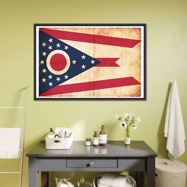 Ohio State Flag Vintage Burgee Canvas Wall Art in beige, red and blue, framed canvas, product view on a white background