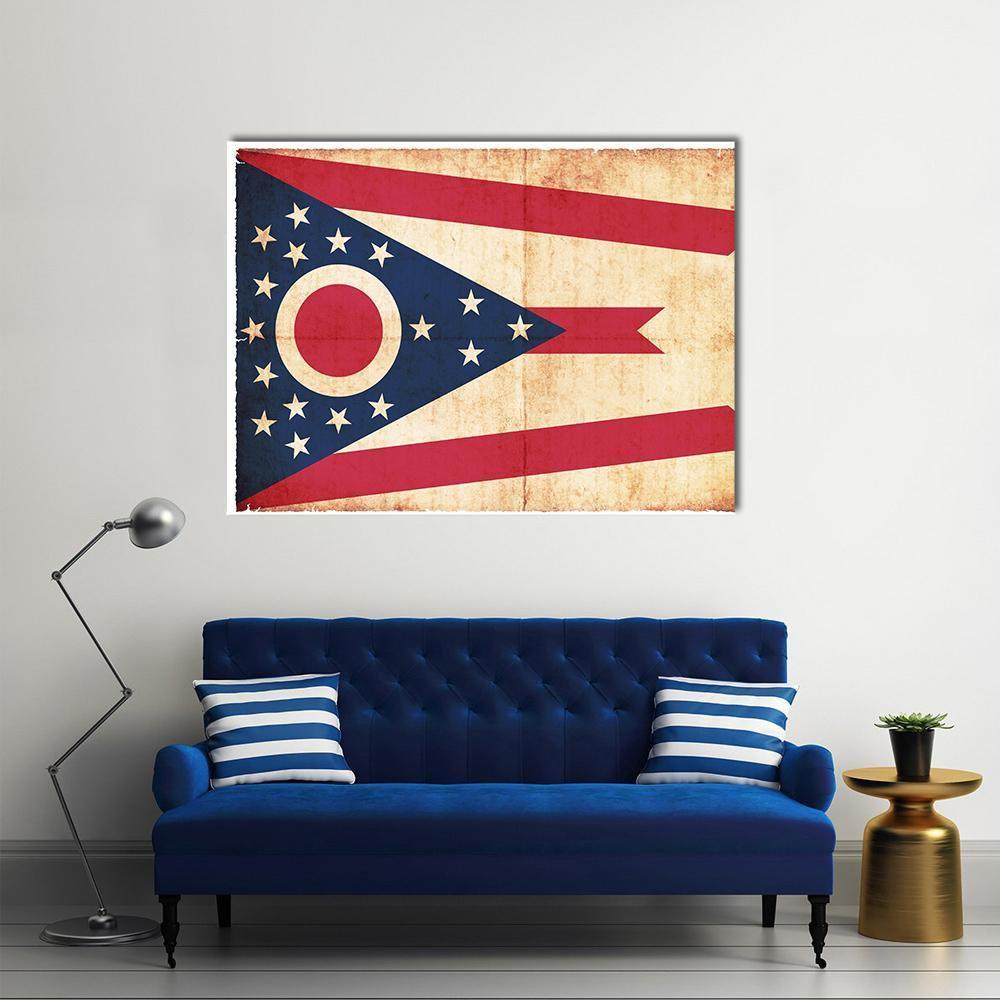 Ohio State Flag Vintage Burgee Canvas Wall Art in beige, red and blue, single panel hung on a wall