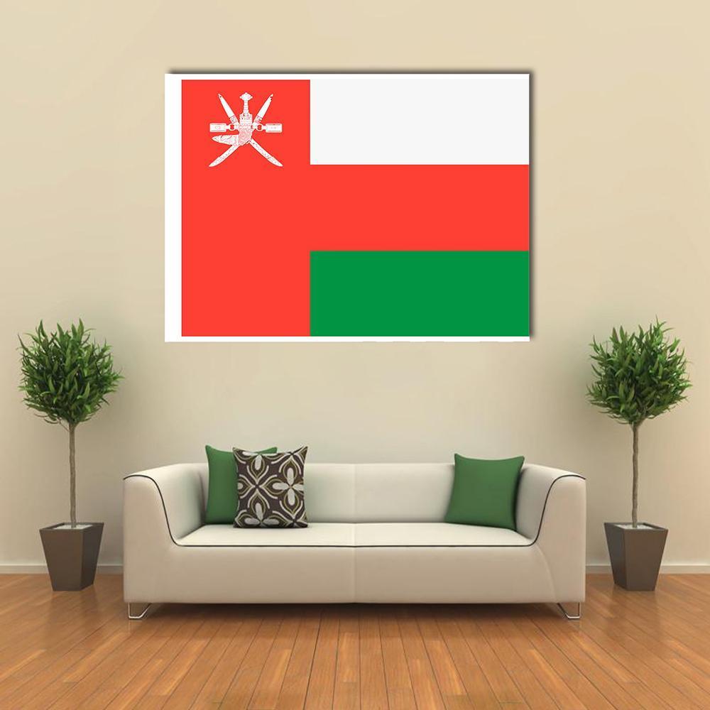 Oman Flag Canvas Wall Art in white, red and green, single panel hung on a wall