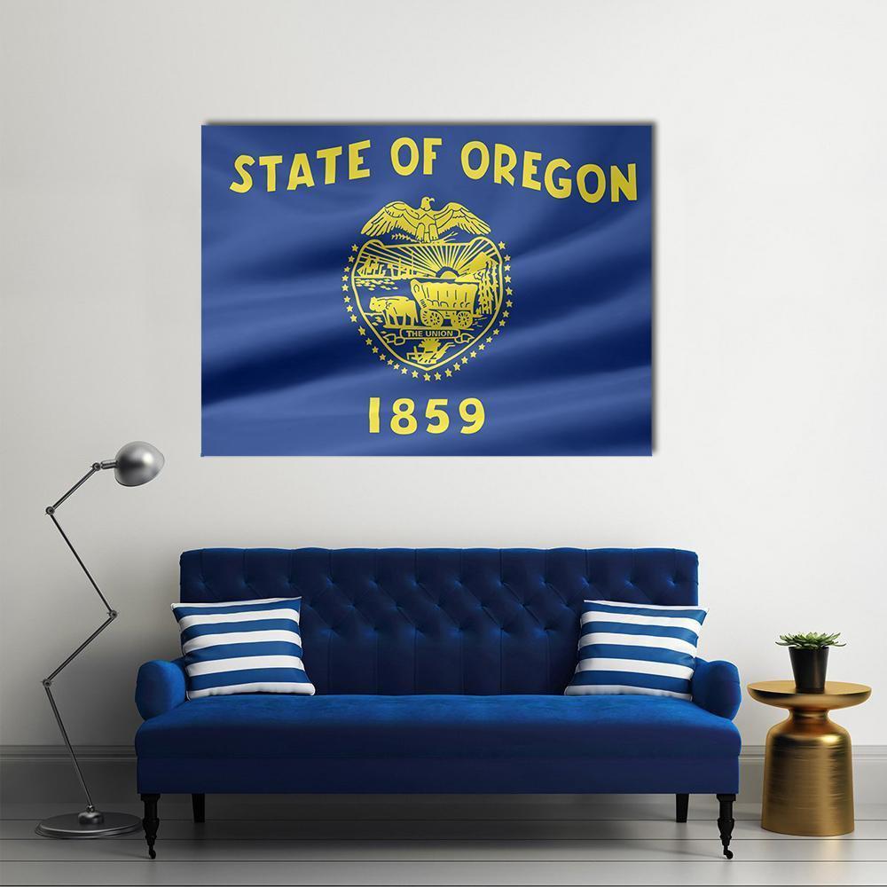 Waving Oregon State Flag Canvas Wall Art in yellow, blue and navy, single panel hung on a wall