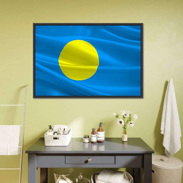 Flag of Palau Canvas Wall Art in yellow and blue, framed canvas, product view on a white background