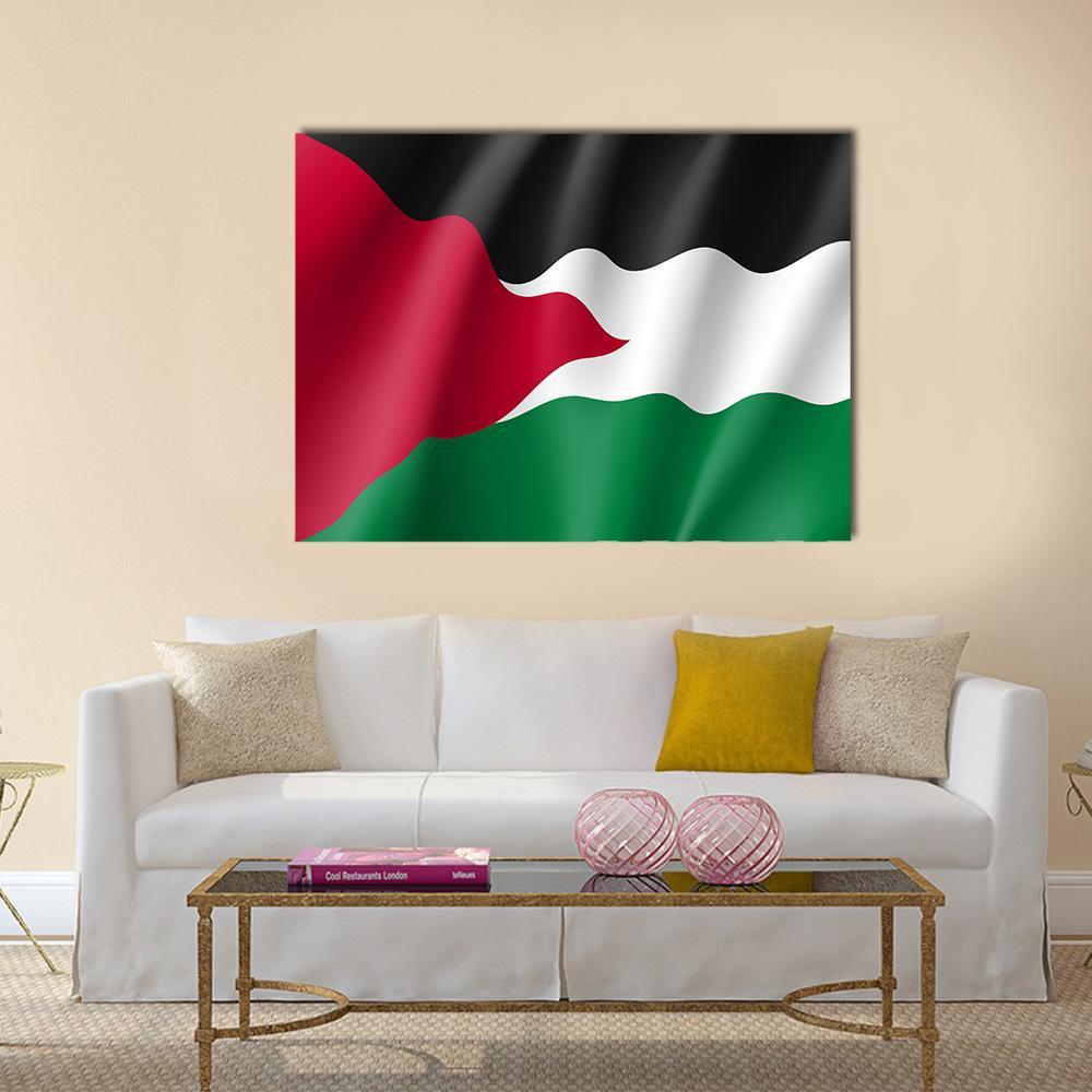 Palestinian Flag in Motion Canvas Wall Art in black, red and green, hung on a wall