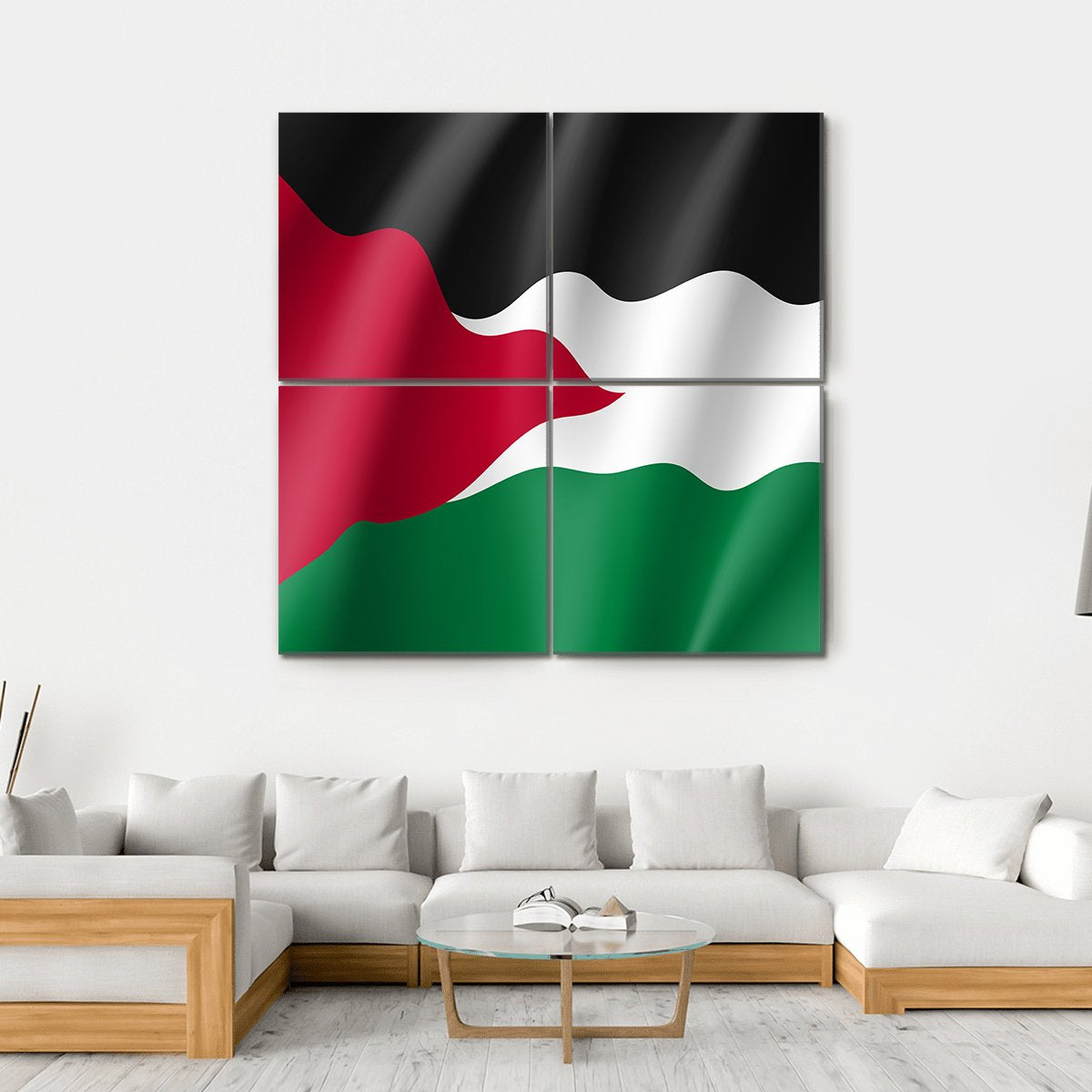 Palestinian Flag in Motion Canvas Wall Art in black, red and green, hung on a wall