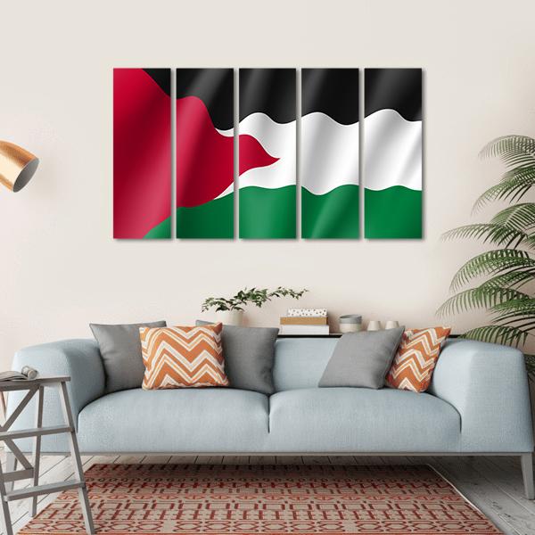 Palestinian Flag in Motion Canvas Wall Art in black, red and green, hung on a wall
