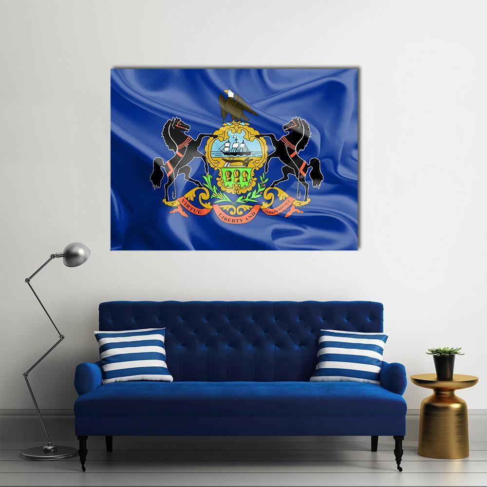 Waving Pennsylvania State Flag Canvas Wall Art in blue, single panel hung on a wall
