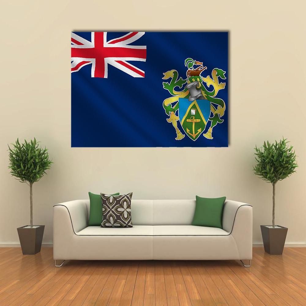 Waving Pitcairn Islands Flag Canvas Wall Art in white, red and blue, single panel hung on a wall