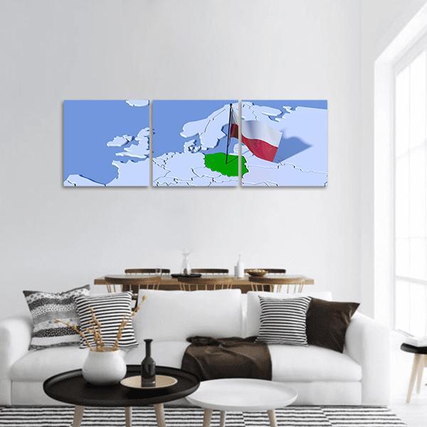 Poland on 3d Relief Map Panoramic Canvas Wall Art in white, green and blue, hung on a wall