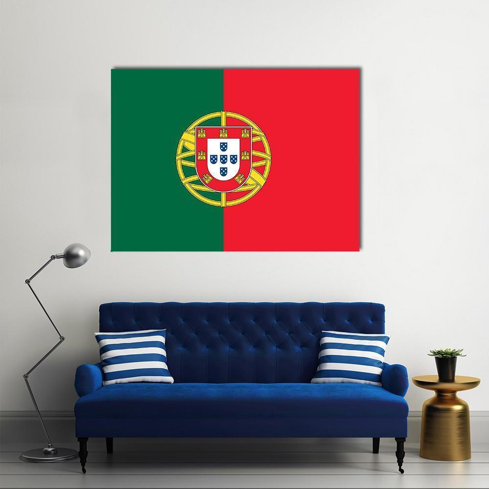 Portugal Flag with Coat of Arms Canvas Wall Art in red and green, single panel hung on a wall