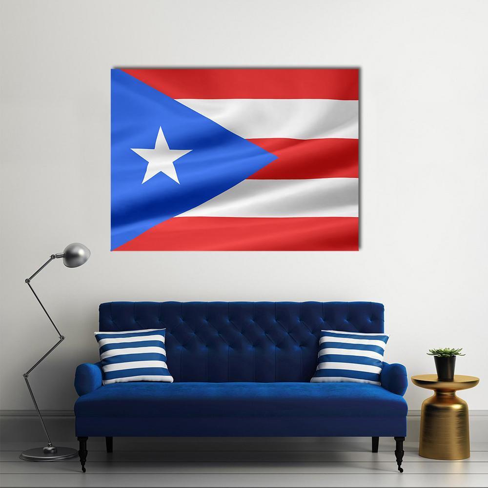 Puerto Rican Flag Canvas Wall Art in white, red and blue, single panel hung on a wall