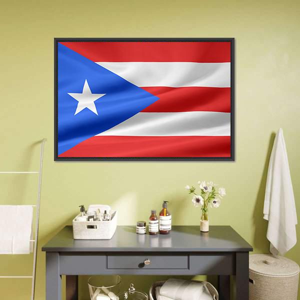 Flag of Puerto Rico Canvas Wall Art in white, red and blue, framed canvas, product view on a white background