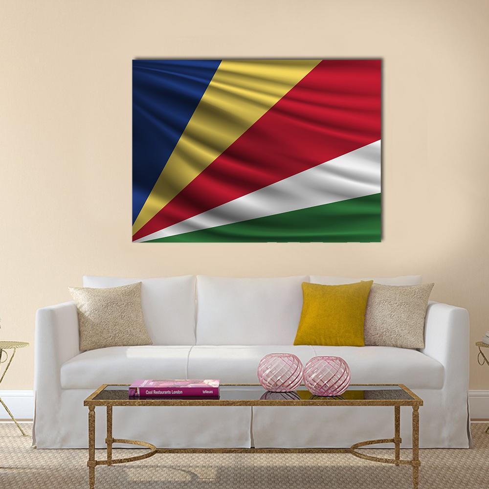 Seychelles Flag with Wavy Texture Canvas Wall Art in red, yellow and blue, single panel hung on a wall