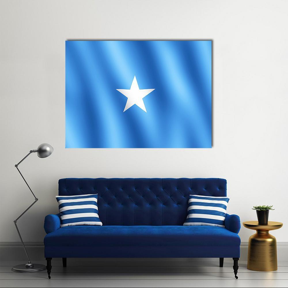 Somalia Flag with White Star Canvas Wall Art in white and blue, single panel hung on a wall