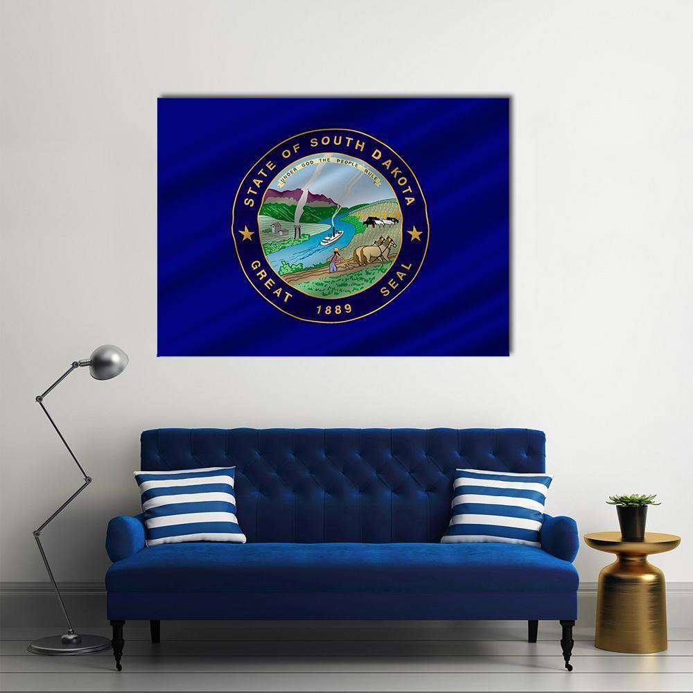 South Dakota State Flag Canvas Wall Art in gold and blue, single panel hung on a wall