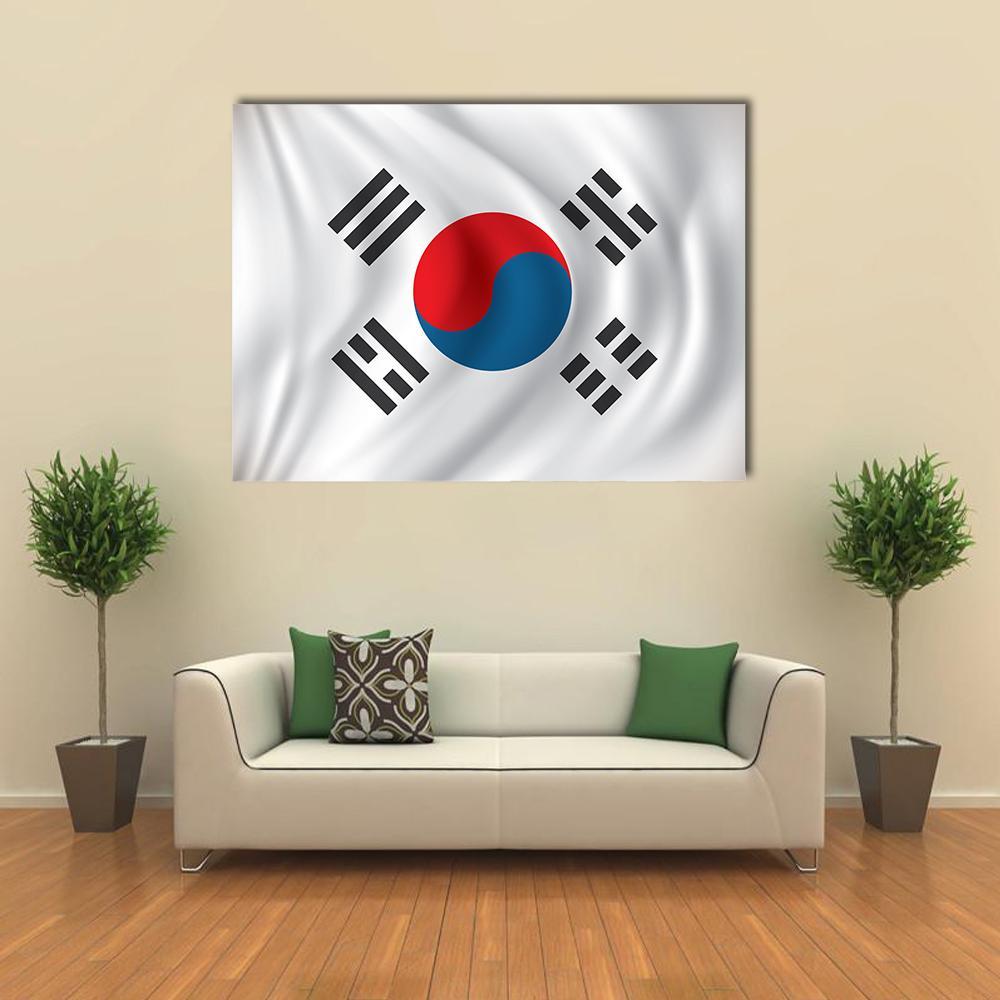 South Korean Flag Taegeukgi Canvas Wall Art in white, red and blue, single panel hung on a wall