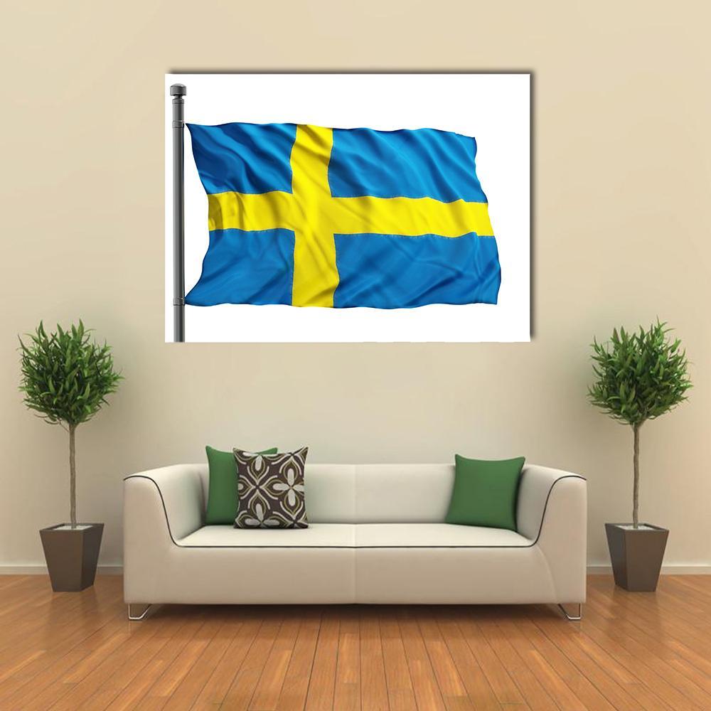 Swedish Flag Against White Background Canvas Wall Art in white, yellow and blue, single panel hung on a wall