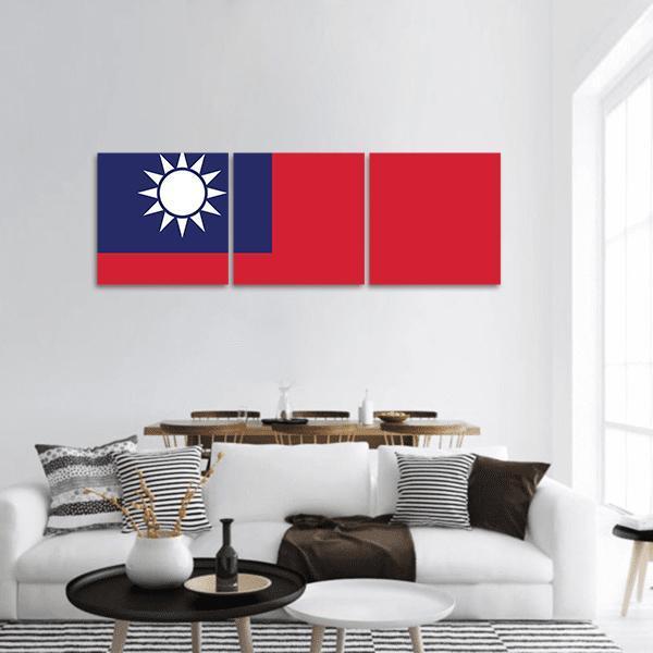 Taiwan Flag with White Sun Emblem Panoramic Canvas Wall Art in white, red and blue, hung on a wall