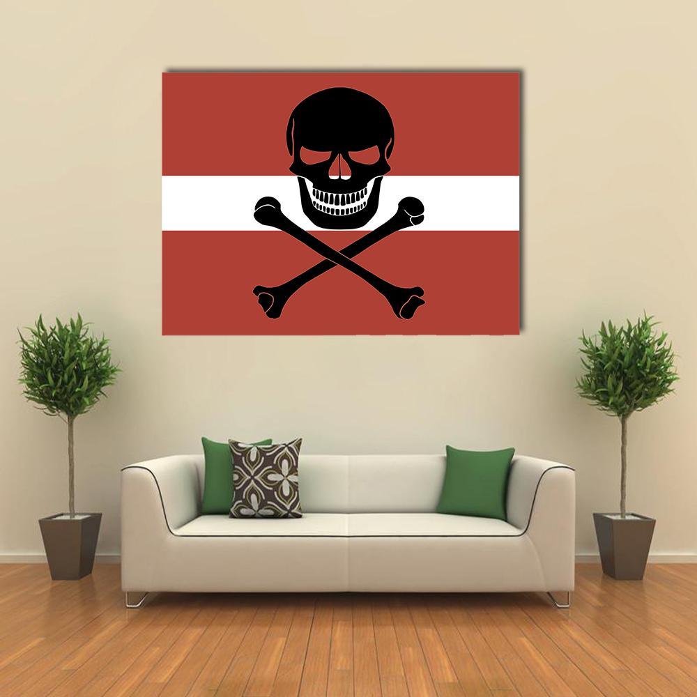 Latvian Flag with Skull and Crossbones Canvas Wall Art in black, white and red, single panel hung on a wall