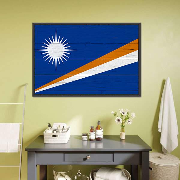 Marshall Islands Flag on Wooden Planks Canvas Wall Art in white, orange and blue, framed canvas, product view on a white background